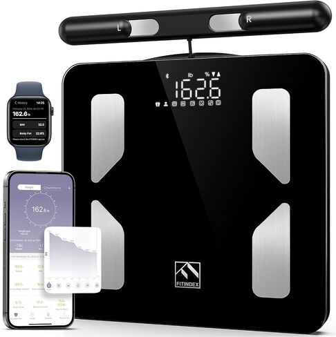FITINDEX Scale for Body Weight and Fat Percentage, Smart Scale, Digital Bathroom Body Composition Monitor with Bluetooth & App for BMI, Body Fat, Muscle Mass, 400lbs - Black in Kuwait