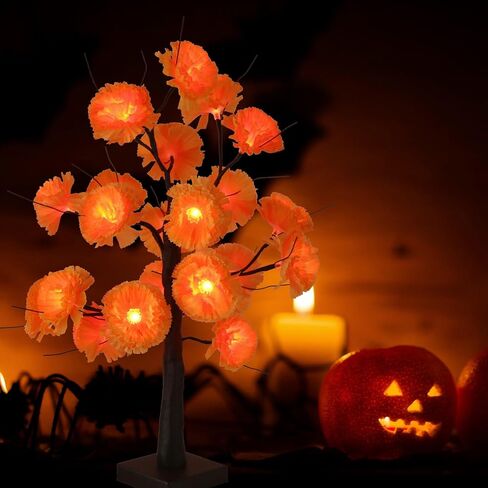 Halloween 24IN LED Lighted Orange Black Spooky Tree Lamp, Battery/USB Operated, Halloween LED Black Tree Lamp with Artificial Marigold Flowers for Indoor Table Bedroom Centerpiece Decor in Saudi Arabia