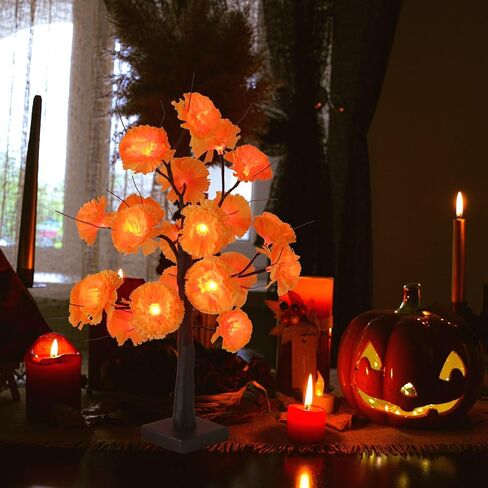 Halloween 24IN LED Lighted Orange Black Spooky Tree Lamp, Battery/USB Operated, Halloween LED Black Tree Lamp with Artificial Marigold Flowers for Indoor Table Bedroom Centerpiece Decor in Saudi Arabia