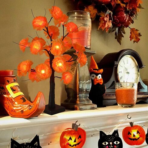 Halloween 24IN LED Lighted Orange Black Spooky Tree Lamp, Battery/USB Operated, Halloween LED Black Tree Lamp with Artificial Marigold Flowers for Indoor Table Bedroom Centerpiece Decor in Saudi Arabia