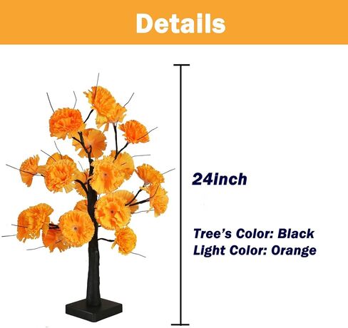 Halloween 24IN LED Lighted Orange Black Spooky Tree Lamp, Battery/USB Operated, Halloween LED Black Tree Lamp with Artificial Marigold Flowers for Indoor Table Bedroom Centerpiece Decor in Saudi Arabia