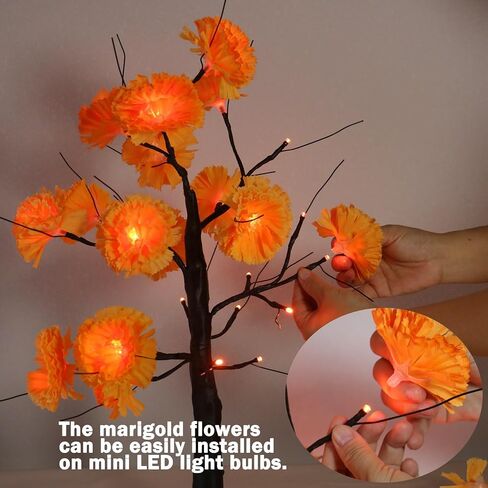 Halloween 24IN LED Lighted Orange Black Spooky Tree Lamp, Battery/USB Operated, Halloween LED Black Tree Lamp with Artificial Marigold Flowers for Indoor Table Bedroom Centerpiece Decor in Saudi Arabia
