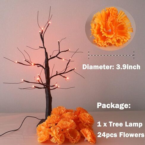 Halloween 24IN LED Lighted Orange Black Spooky Tree Lamp, Battery/USB Operated, Halloween LED Black Tree Lamp with Artificial Marigold Flowers for Indoor Table Bedroom Centerpiece Decor in Saudi Arabia