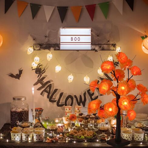 Halloween 24IN LED Lighted Orange Black Spooky Tree Lamp, Battery/USB Operated, Halloween LED Black Tree Lamp with Artificial Marigold Flowers for Indoor Table Bedroom Centerpiece Decor in Saudi Arabia