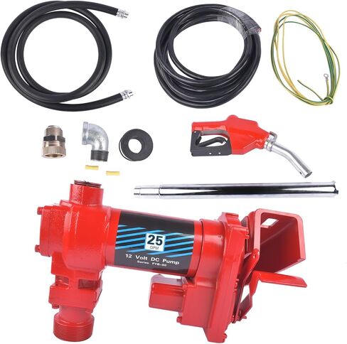 12 Volt Red Fuel Transfer Pump w/Automatic Nozzle | 25 GPM High Flow DC Fuel Pump | for Gasoline, Diesel, Kerosene, Ethanol Blends, Methanol Blends, and Biodiesel | Cast Iron Heavy Duty Transfer Pump in Saudi Arabia