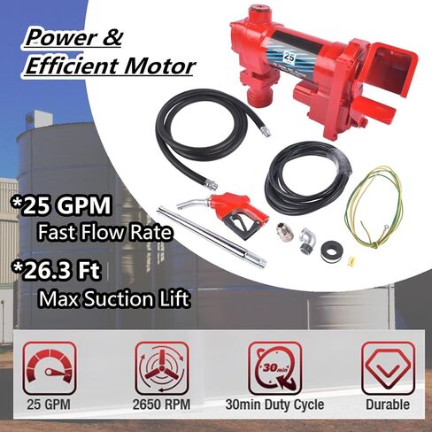 12 Volt Red Fuel Transfer Pump w/Automatic Nozzle | 25 GPM High Flow DC Fuel Pump | for Gasoline, Diesel, Kerosene, Ethanol Blends, Methanol Blends, and Biodiesel | Cast Iron Heavy Duty Transfer Pump in Saudi Arabia