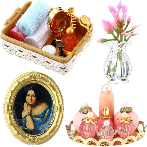 Miniature Dollhouse Bathroom Accessories Kit 1: 12 Scale Dollhouse Furniture Decoration, Dollhouse Miniature Makeup Perfume Tray, Mini Bath Basket Set, Artificial Plant, Mini Picture Frame in Saudi Arabia