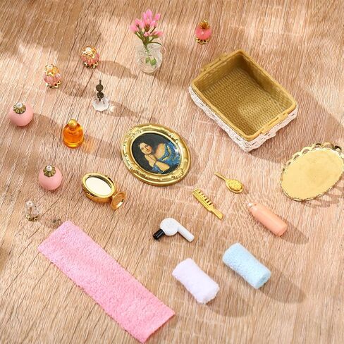 Miniature Dollhouse Bathroom Accessories Kit 1: 12 Scale Dollhouse Furniture Decoration, Dollhouse Miniature Makeup Perfume Tray, Mini Bath Basket Set, Artificial Plant, Mini Picture Frame in Saudi Arabia