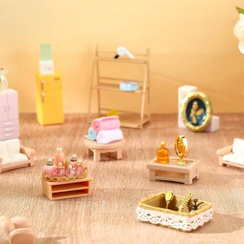 Miniature Dollhouse Bathroom Accessories Kit 1: 12 Scale Dollhouse Furniture Decoration, Dollhouse Miniature Makeup Perfume Tray, Mini Bath Basket Set, Artificial Plant, Mini Picture Frame in Saudi Arabia