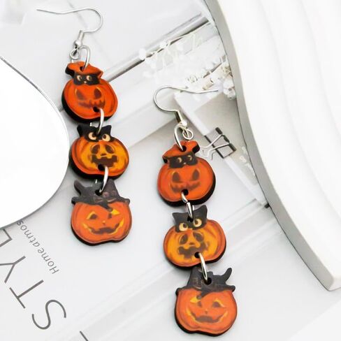 Double Side Halloween Pumpkin Earrings Pumpkin Wooden Earrings Halloween Pumpkin Triple Splice Earrings Pumpkin Dangle Earrings set for Women Girls Halloween Party Costume Jewelry Gifts in Kuwait
