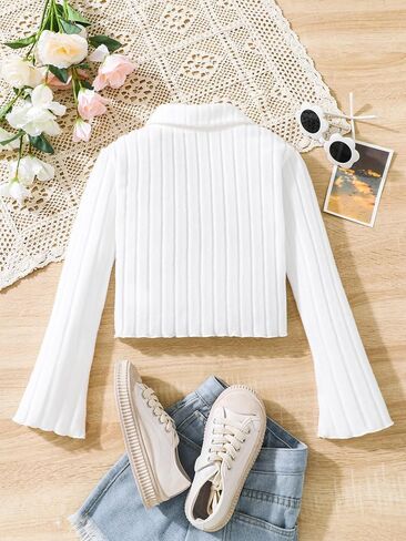 Floerns Girls Letter Patched Lettuce Trim Bell Long Sleeve V Neck Ribbed Knit Tee in Saudi Arabia