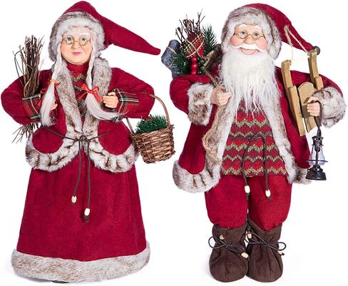 Christmas Santa Figurines, Hand Crafted Realistic Genial Santa Claus, Mr and Mrs Claus, Sled in Arms, Santa Doll, Santa Decor, Santa Toy, One Pair Two Figurines (Red/White, 18'' Inch) in Saudi Arabia