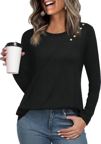 DILIUXING Womens Long Sleeves Tunic Tops Casual Work Cute Pleated Crew Neck T Shirts Dressy Fashion Blouses in Saudi Arabia