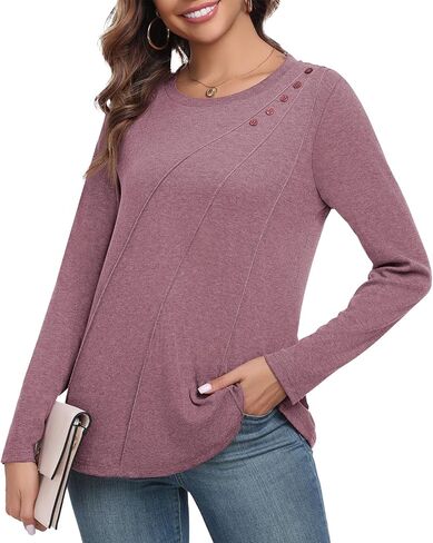 DILIUXING Womens Long Sleeves Tunic Tops Casual Work Cute Pleated Crew Neck T Shirts Dressy Fashion Blouses in Saudi Arabia