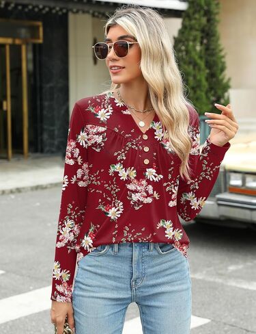 Micoson Women's Long Sleeve Blouses Dressy Casual 2024 Fall Winter Henley V Neck Tunic Tops Button Shirts in Saudi Arabia