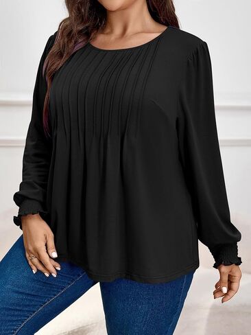 بلايز نسائية بمقاسات كبيرة وأكمام طويلة، وبلوزة تونيك فضفاضة ورقبة دائرية، ومطويات in Kuwait