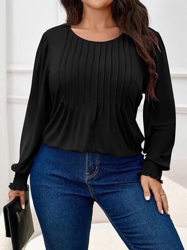 بلايز نسائية بمقاسات كبيرة وأكمام طويلة، وبلوزة تونيك فضفاضة ورقبة دائرية، ومطويات in Kuwait