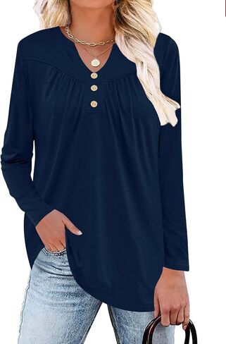 Micoson Women's Long Sleeve Blouses Dressy Casual 2024 Fall Winter Henley V Neck Tunic Tops Button Shirts in Saudi Arabia