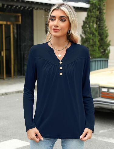 Micoson Women's Long Sleeve Blouses Dressy Casual 2024 Fall Winter Henley V Neck Tunic Tops Button Shirts in Saudi Arabia
