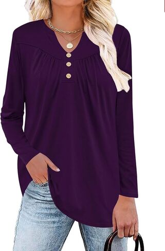 Micoson Women's Long Sleeve Blouses Dressy Casual 2024 Fall Winter Henley V Neck Tunic Tops Button Shirts in Saudi Arabia