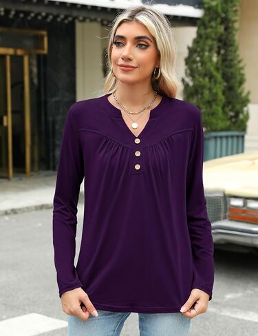 Micoson Women's Long Sleeve Blouses Dressy Casual 2024 Fall Winter Henley V Neck Tunic Tops Button Shirts in Saudi Arabia