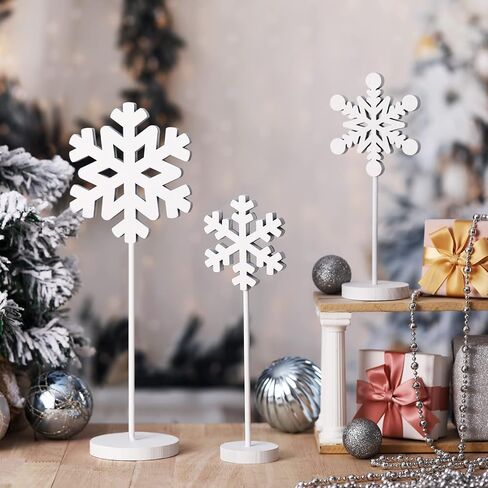 3 Pcs Christmas Snowflake Table Decorations Tall Standing Snowflake Decor Wood Sign Snowflake Block Winter Wooden Xmas Standing Table Sign Christmas Fireplace Decoration for Xmas Party (Snowflake) in Saudi Arabia