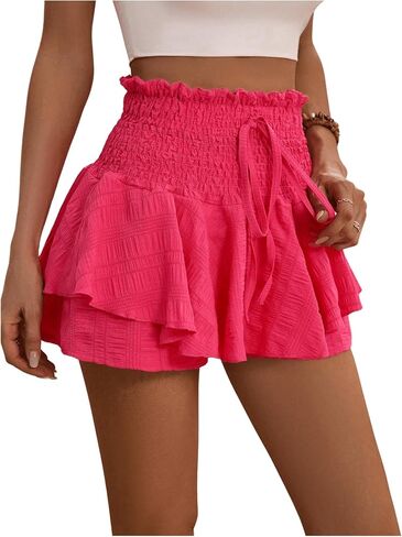 MakeMeChic Women's Drawstring Waist Shirred Summer Shorts Ruffle Layer Flowy Skort Shorts in Saudi Arabia