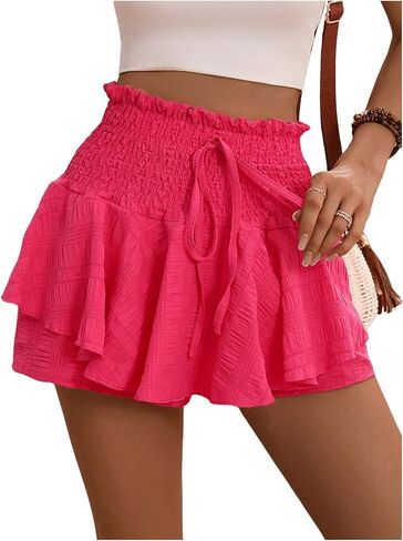 MakeMeChic Women's Drawstring Waist Shirred Summer Shorts Ruffle Layer Flowy Skort Shorts in Saudi Arabia