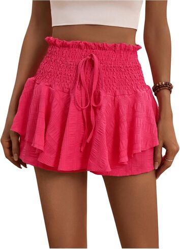 MakeMeChic Women's Drawstring Waist Shirred Summer Shorts Ruffle Layer Flowy Skort Shorts in Saudi Arabia