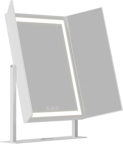 مرآة مكياج LED ثلاثية الطي من Impressions Vanity للمكتب، مرآة فخمة ثلاثية الألوان بزاوية 360 درجة مع حامل، مرآة مكتب بزوايا رؤية متعددة (أبيض) in Kuwait