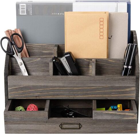 Distressed Rustic Wooden Office Desk Organizer 5 Compartment with 2 Drawer &Counter Desk Tabletop Desktop Mail Rack, Pens, Notebooks, Folders, Pencils and Office Supplie(black) in Saudi Arabia
