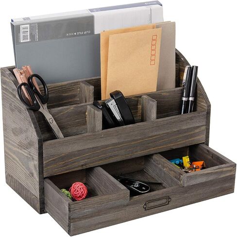 Distressed Rustic Wooden Office Desk Organizer 5 Compartment with 2 Drawer &Counter Desk Tabletop Desktop Mail Rack, Pens, Notebooks, Folders, Pencils and Office Supplie(black) in Saudi Arabia
