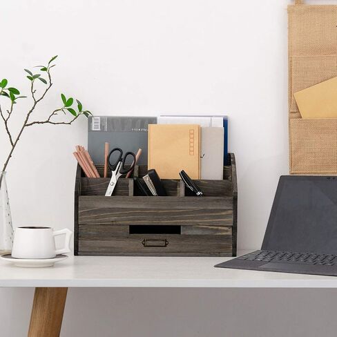 Distressed Rustic Wooden Office Desk Organizer 5 Compartment with 2 Drawer &Counter Desk Tabletop Desktop Mail Rack, Pens, Notebooks, Folders, Pencils and Office Supplie(black) in Saudi Arabia