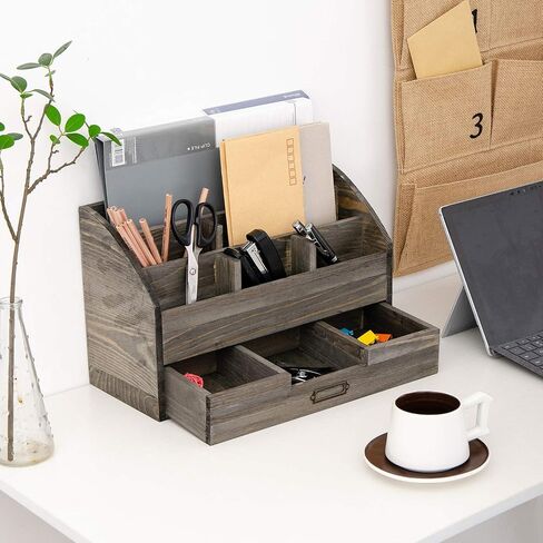 Distressed Rustic Wooden Office Desk Organizer 5 Compartment with 2 Drawer &Counter Desk Tabletop Desktop Mail Rack, Pens, Notebooks, Folders, Pencils and Office Supplie(black) in Saudi Arabia