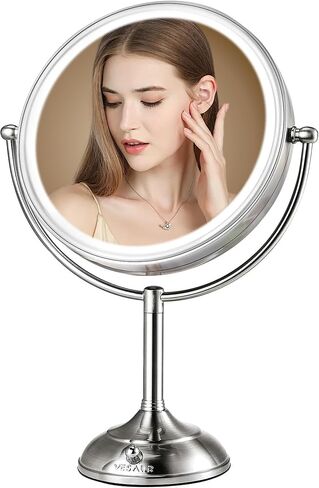 VESAUR 10" Extra Large and 17" Tall Lighted Makeup Mirror, 1X/5X Magnifying Vanity Mirror with 3 Colors Dimmable Light, 52 Premium LED Lights, 360° Rotation Table Mirror 2 Power Supply, Pearl Nickel in Saudi Arabia
