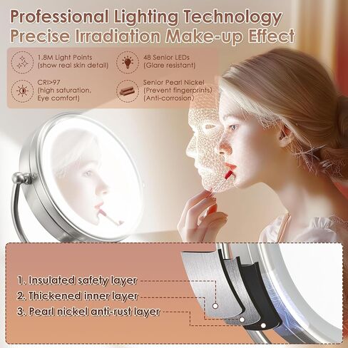 VESAUR 10" Extra Large and 17" Tall Lighted Makeup Mirror, 1X/5X Magnifying Vanity Mirror with 3 Colors Dimmable Light, 52 Premium LED Lights, 360° Rotation Table Mirror 2 Power Supply, Pearl Nickel in Saudi Arabia