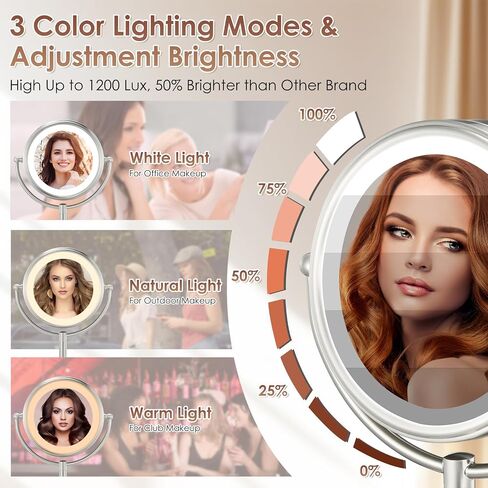 VESAUR 10" Extra Large and 17" Tall Lighted Makeup Mirror, 1X/5X Magnifying Vanity Mirror with 3 Colors Dimmable Light, 52 Premium LED Lights, 360° Rotation Table Mirror 2 Power Supply, Pearl Nickel in Saudi Arabia