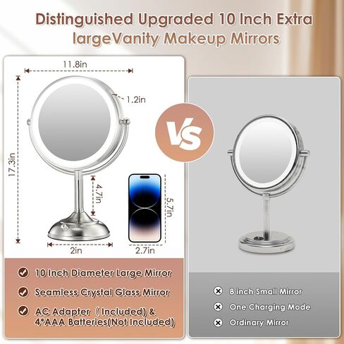 VESAUR 10" Extra Large and 17" Tall Lighted Makeup Mirror, 1X/5X Magnifying Vanity Mirror with 3 Colors Dimmable Light, 52 Premium LED Lights, 360° Rotation Table Mirror 2 Power Supply, Pearl Nickel in Saudi Arabia