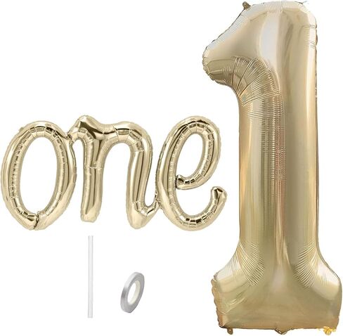 2Pcs White Gold One Balloon Set, 40inch Big Giant Large Light Gold Number 1 Balloon and 26inch Script Letter One Balloon Banner, One Balloons for 1st Birthday Decorations for Boy or Girl in Saudi Arabia