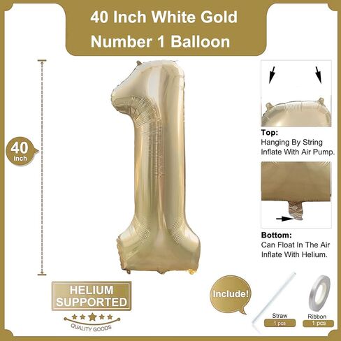 2Pcs White Gold One Balloon Set, 40inch Big Giant Large Light Gold Number 1 Balloon and 26inch Script Letter One Balloon Banner, One Balloons for 1st Birthday Decorations for Boy or Girl in Saudi Arabia
