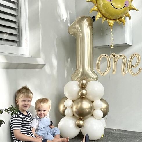 2Pcs White Gold One Balloon Set, 40inch Big Giant Large Light Gold Number 1 Balloon and 26inch Script Letter One Balloon Banner, One Balloons for 1st Birthday Decorations for Boy or Girl in Saudi Arabia