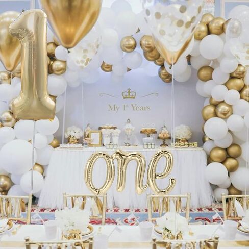 2Pcs White Gold One Balloon Set, 40inch Big Giant Large Light Gold Number 1 Balloon and 26inch Script Letter One Balloon Banner, One Balloons for 1st Birthday Decorations for Boy or Girl in Saudi Arabia