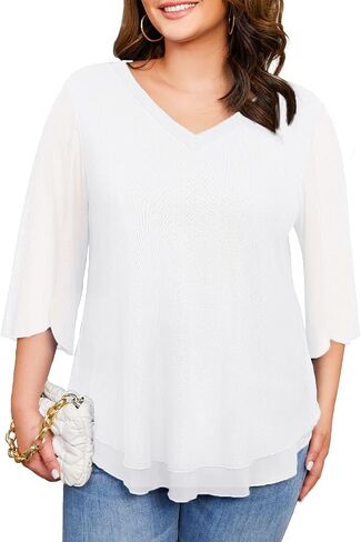 Plus Size Blouses for Women Ruffle 3/4 Sleeve Tunic Tops V Neck Casual Outfits Double Layers Mesh Shirt Loose Fit in Kuwait