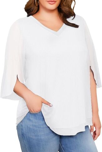 Plus Size Blouses for Women Ruffle 3/4 Sleeve Tunic Tops V Neck Casual Outfits Double Layers Mesh Shirt Loose Fit in Kuwait