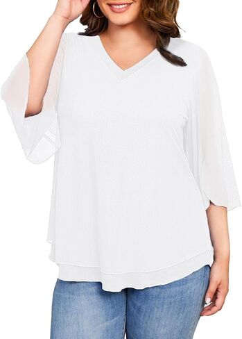 Plus Size Blouses for Women Ruffle 3/4 Sleeve Tunic Tops V Neck Casual Outfits Double Layers Mesh Shirt Loose Fit in Kuwait