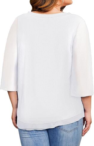 Plus Size Blouses for Women Ruffle 3/4 Sleeve Tunic Tops V Neck Casual Outfits Double Layers Mesh Shirt Loose Fit in Kuwait