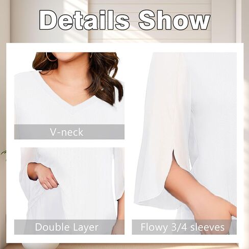 Plus Size Blouses for Women Ruffle 3/4 Sleeve Tunic Tops V Neck Casual Outfits Double Layers Mesh Shirt Loose Fit in Kuwait