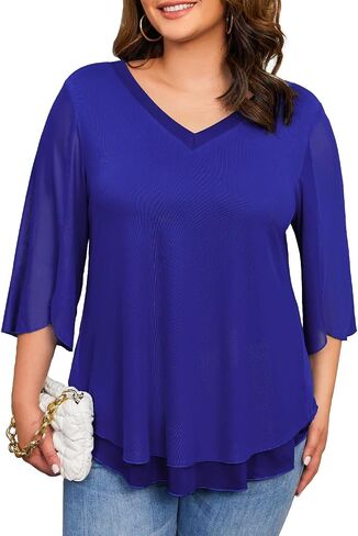 Plus Size Blouses for Women Ruffle 3/4 Sleeve Tunic Tops V Neck Casual Outfits Double Layers Mesh Shirt Loose Fit in Kuwait