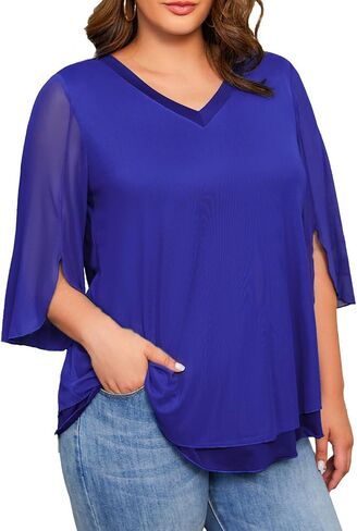 Plus Size Blouses for Women Ruffle 3/4 Sleeve Tunic Tops V Neck Casual Outfits Double Layers Mesh Shirt Loose Fit in Kuwait