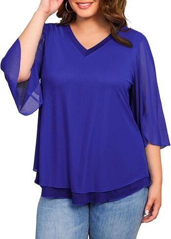 Plus Size Blouses for Women Ruffle 3/4 Sleeve Tunic Tops V Neck Casual Outfits Double Layers Mesh Shirt Loose Fit in Kuwait